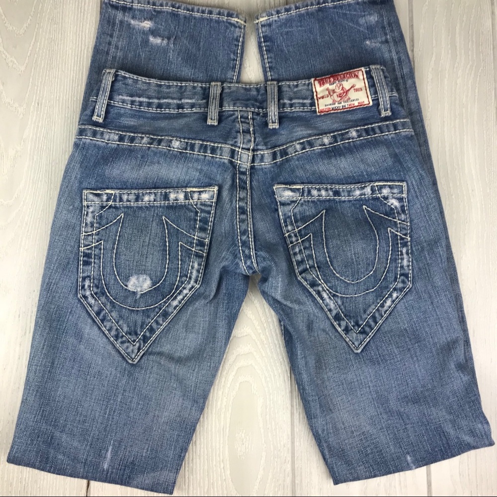 True Religion distressed button fly straight leg jeans